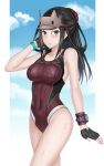  1girl black_hair blush breasts covered_navel fingerless_gloves full_body gloves hat highres kai_schren long_hair looking_at_viewer ponytail senjou_no_valkyria_(series) senjou_no_valkyria_4 solo swimsuit vodka13 