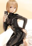  1girl absurdres ass_grab barefoot bed_sheet black_bodysuit blonde_hair bodysuit breasts brown_eyes cellphone covered_nipples grabbing_own_ass highres kirie_kairi kneeling latex lips medium_breasts original phone selfie shiny shiny_clothes short_hair skin_tight solo twisted_torso 