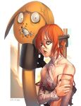  1girl a.b.a bandages blood bloody_clothes blue_eyes guilty_gear guilty_gear_xx key key_in_head looking_at_viewer orange_hair paracelsus redhead short_hair stitched_mouth stitches 