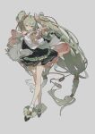  1girl absurdres alternate_costume bangs braid breasts cape crossed_legs detached_sleeves dress flower frilled_dress frills full_body green_hair grey_background hair_flower hair_ornament hatsune_miku highres long_hair looking_at_viewer low_braid simple_background small_breasts smile socks solo twintails very_long_hair vocaloid watson_cross white_legwear wide_sleeves zhibuji_loom 