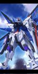  beam_rifle clouds energy_gun freedom_gundam g.yamamoto gun gundam gundam_seed highres holding holding_gun holding_shield holding_weapon mecha mechanical_wings mobile_suit no_humans science_fiction shield sky solo v-fin weapon wings yellow_eyes 