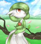  1girl bangs blue_sky blurry blurry_background blush bob_cut branch clouds colored_skin commentary_request dappled_sunlight day flat_chest gardevoir gen_3_pokemon green_hair green_skin hair_over_one_eye hands_together happy in_tree light_rays looking_up lotosu mountainous_horizon multicolored multicolored_skin open_mouth outdoors partial_commentary petals pokemon pokemon_(creature) red_eyes shiny shiny_hair short_hair sitting sky smile solo sunlight tree two-tone_skin white_skin 