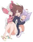  &gt;_&lt; 2girls animal_hood blush brown_hair cat_girl cat_tail closed_eyes detached_sleeves dog_hood full_body fur-trimmed_sleeves fur_trim highres hololive hood inugami_korone lap_pillow multiple_girls nekomata_okayu pink_sleeves pink_vest purple_hair simple_background slippers tail twitter_username vest vinhnyu white_background yuri 