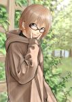  1girl absurdres blush brown-framed_eyewear brown_eyes brown_hair brown_hoodie closed_mouth eyebrows_visible_through_hair glasses highres hood hood_down hoodie kirie_kairi long_sleeves looking_at_viewer original outdoors pink_lips smile solo v v_over_mouth 