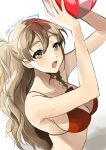  1girl absurdres arms_up ball bangs beachball bikini braid breasts brown_eyes dated hair_between_eyes highres holding holding_ball kantai_collection large_breasts light_brown_hair long_hair looking_at_viewer one-hour_drawing_challenge one_side_up open_mouth red_bikini side_braid simple_background solo swimsuit toriniku_senshi_chikinman twitter_username upper_body zara_(kancolle) 