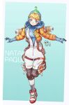  1girl apex_legends bangs blue_eyes blue_gloves blue_headwear blush bodysuit gloves highres hood jacket knee_pads looking_at_viewer nessie_(respawn) on_head open_hands orange_jacket outstretched_arms smile solo stuffed_toy wattson_(apex_legends) white_bodysuit white_footwear yapipi 