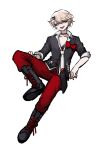  1boy :d absurdres bangs bear_hair_ornament black_choker black_footwear black_shirt blonde_hair blue_eyes boots bow choker collarbone cross-laced_footwear dangan_ronpa:_trigger_happy_havoc dangan_ronpa_(series) enoshima_junko full_body genderswap genderswap_(ftm) hair_ornament hairclip highres invisible_chair knee_up lace-up_boots leaning_back looking_at_viewer male_focus necktie no_(xpxz7347) open_mouth pants red_bow red_pants school_uniform shirt short_hair simple_background sitting smile solo white_background 