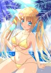  1girl :d bangs bare_shoulders bikini blonde_hair blue_eyes blush breasts clouds cloudy_sky commentary_request day eyebrows_visible_through_hair food halterneck holding holding_food ice_cream large_breasts long_hair looking_at_viewer nanase_aoi navel ocean open_mouth original reward_available sidelocks sky smile solo stomach summer swimsuit twintails yellow_bikini 