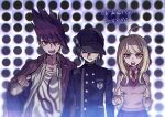  1girl 2boys ahoge akamatsu_kaede aoki_(fumomo) backpack bag bangs baseball_cap black_hair black_headwear blonde_hair breasts buttons clenched_hand clenched_hands collarbone collared_shirt dangan_ronpa_(series) dangan_ronpa_v3:_killing_harmony double-breasted eighth_note facial_hair gakuran goatee hair_ornament halftone halftone_background hand_up hat jacket jacket_on_shoulders large_breasts long_hair long_sleeves looking_at_viewer momota_kaito multiple_boys musical_note musical_note_hair_ornament necktie open_clothes open_mouth open_shirt pink_eyes pink_jacket pink_vest polka_dot polka_dot_background print_shirt purple_hair purple_skirt saihara_shuuichi school_uniform shirt short_hair sixteenth_note skirt spiky_hair striped sweat teeth translation_request upper_teeth vest white_shirt 