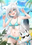  1girl absurdres ahoge animal_ears arms_up bangs bikini blurry blurry_background blush braid breasts clouds cloudy_sky commentary_request day earrings eyebrows_visible_through_hair fang fox_ears fox_girl fox_shadow_puppet fox_tail frilled_bikini frills green_bikini green_eyes hair_between_eyes highres hololive jewelry leaf long_hair looking_at_viewer mascot matudo_yuu navel ocean open_mouth outdoors shirakami_fubuki sidelocks single_braid skin_fang sky small_breasts sukonbu_(shirakami_fubuki) sunglasses swept_bangs swimsuit tail twin_braids virtual_youtuber white_hair 