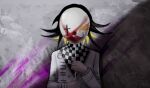  absurdres artist_logo artist_name balloon bangs black_background black_hair blonde_hair blood buttons checkered clown covered_face dangan_ronpa_(series) dangan_ronpa_v3:_killing_harmony english_commentary facing_viewer flipped_hair grey_background grey_jacket highres holding jacket makeup male_focus multicolored_hair ouma_kokichi pastahands pink_background short_hair two-tone_hair upper_body 