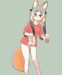 1girl animal_ear_fluff animal_ears bangs bare_legs black_hair brown_eyes commentary_request cup drinking_glass eyebrows_visible_through_hair feet_out_of_frame fox_ears fox_girl fox_tail grey_background grey_hair hair_between_eyes hasu_(zatsugami) highres island_fox_(kemono_friends) kemono_friends kemono_friends_v_project looking_at_viewer multicolored_hair no_pants open_mouth orange_hair red_shirt shirt simple_background sketch solo tail twintails white_hair