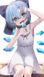  +_+ 1girl :d absurdres adjusting_hair alternate_costume arm_up armpits bangs bare_shoulders blue_bow blue_eyes blue_hair blurry blush bow bright_pupils cirno commentary_request depth_of_field dress eyebrows_visible_through_hair feet_out_of_frame flat_chest food hair_between_eyes hair_bow hand_in_hair hand_on_forehead hand_up head_tilt highres holding holding_food ice ice_wings legs_together looking_at_viewer open_mouth popsicle ribbon short_hair simple_background sleeveless sleeveless_dress smile solo sweat teeth tongue touhou tsune_(tune) white_background white_dress wings wooden_floor 