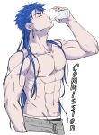  1boy 5_horulu abs adam&#039;s_apple biceps blue_hair closed_eyes collarbone commission cu_chulainn_(fate)_(all) cu_chulainn_(fate/stay_night) cup drinking drinking_glass earrings fate/stay_night fate_(series) hair_down highres jewelry long_hair male_focus male_underwear muscular muscular_male navel nipples open_mouth pectorals shirtless simple_background solo spiky_hair underwear water white_background 
