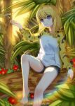  1girl animal bangs barefoot black_shorts blonde_hair blue_eyes blurry blurry_foreground day depth_of_field flower gecko hand_up hood hood_down hoodie knee_up lens_flare long_hair nature oguri_(pixiv25574366) original outdoors red_flower short_shorts shorts sitting smile solo sunlight tree white_hoodie yellow_hoodie 