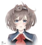  1girl artist_name ascot blue_eyes blush brown_hair dated hair_between_eyes kantai_collection medium_hair messy_hair ponytail portrait red_neckwear red_ribbon ribbon sheffield_(kancolle) signature simple_background solo tk8d32 white_background 