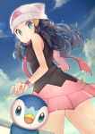  1girl beanie black_hair blue_eyes clouds commentary_request hikari_(pokemon) day eyelashes floating_scarf from_below gen_4_pokemon hair_ornament hairclip hat leaves_in_wind long_hair looking_at_viewer looking_back outdoors pink_scarf piplup pokemon pokemon_(anime) pokemon_(creature) pokemon_swsh_(anime) rindoriko scarf sky sleeveless starter_pokemon white_headwear 