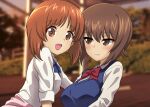  2girls blue_bow blush bow brown_eyes brown_hair closed_mouth eyebrows_visible_through_hair girls_und_panzer highres lips long_sleeves looking_at_another looking_at_viewer multiple_girls nishizumi_maho nishizumi_miho open_mouth red_bow shiina_excel short_hair short_sleeves smile 