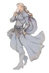  1boy armor blonde_hair boots breastplate cape cowboy_boots edgar_roni_figaro final_fantasy final_fantasy_vi from_side full_body hair_ribbon long_hair long_sleeves male_focus mzochi pants pauldrons ponytail ribbon shoulder_armor simple_background solo vambraces white_background 