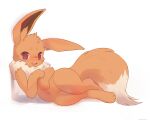  :3 ancesra animal_focus artist_name blush commentary eevee english_commentary fluffy full_body gen_1_pokemon hand_up happy highres legs_together looking_at_viewer lying no_humans on_side open_mouth pokemon pokemon_(creature) simple_background smile solo violet_eyes watermark white_background 