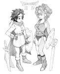  2girls belt blush bracer cape character_request circlet collarbone copyright_name dragon_quest dragon_quest_iii dragon_quest_iv earrings gloves greyscale hand_on_hip hatching_(texture) highres holding holding_shield jewelry looking_at_another lower_teeth making-of_available medium_hair monochrome multiple_girls omaru_gyuunyuu parted_lips planted planted_sword scabbard scratches sheath shield simple_background sketch smile standing stud_earrings sword teeth thigh_strap tongue unsheathed weapon white_background 