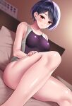  1girl bangs bare_arms bare_legs bare_shoulders bed blue_hair blush breasts closed_mouth collarbone eyebrows_visible_through_hair huyumitsu indoors knee_up looking_at_viewer medium_breasts on_bed one-piece_swimsuit original purple_swimsuit red_eyes school_swimsuit short_hair sitting solo swimsuit thighs 