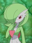  1girl anime_coloring bangs blurry blurry_background bob_cut colored_skin commentary_request flat_chest gardevoir gen_3_pokemon green_background green_hair green_skin green_theme hair_over_one_eye half-closed_eyes hand_to_own_mouth hand_up looking_down lotosu multicolored multicolored_skin open_mouth partial_commentary pokemon pokemon_(creature) sad short_hair solo standing two-tone_skin upper_body white_skin 