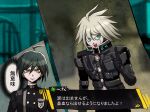  2boys :d ahoge android aoki_(fumomo) bangs black_gloves black_hair black_jacket blood blurry blurry_background breast_pocket brown_eyes buttons commentary_request dangan_ronpa_(series) dangan_ronpa_v3:_killing_harmony double-breasted fake_screenshot gloves green_eyes grey_hair hair_between_eyes index_finger_raised jacket keebo looking_at_viewer male_focus messy_hair multiple_boys nosebleed open_mouth pink_blood pocket power_armor saihara_shuuichi smile striped_jacket translation_request upper_body upper_teeth 