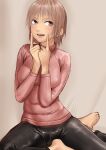  1girl :d absurdres barefoot blush brown_eyes brown_hair fingers_to_cheeks grey_background highres kirie_kairi latex_pants long_sleeves looking_at_viewer mole mole_under_eye open_mouth original pink_sweater simple_background sitting smile solo sweater 