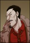  1boy artist_name beard black_eyes black_hair brown_background brown_coat bullet_hole candy candy_cane coat facial_hair food gyakuten_kenji gyakuten_saiban ittetsu_bado looking_at_viewer mouth_hold mustache necktie red_neckwear red_shirt shirt sideburns solo sweets tanken_(outofcheeserror) trench_coat 