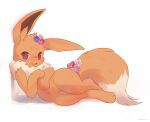  :3 ancesra animal_focus artist_name blush commentary eevee english_commentary flower fluffy full_body gen_1_pokemon hair_flower hair_ornament hand_up happy highres legs_together looking_at_viewer lying no_humans on_side open_mouth pink_flower pokemon pokemon_(creature) purple_flower simple_background smile solo violet_eyes watermark white_background 