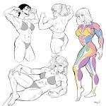  3girls abs artist_name barefoot bikini black_hair braid breasts crown_braid english_commentary flexing knee_up lying medium_hair miyuli multiple_girls muscular muscular_female navel on_back original ponytail pose simple_background small_breasts smile standing swimsuit 