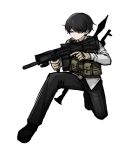  1boy absurdres bangs black_hair black_pants brown_gloves bulletproof_vest dangan_ronpa:_trigger_happy_havoc dangan_ronpa_(series) frown full_body genderswap genderswap_(ftm) gloves grey_background gun highres holding holding_weapon ikusaba_mukuro no_(xpxz7347) one_knee pants rifle rocket_launcher shirt shoes short_hair simple_background solo weapon white_background white_shirt 