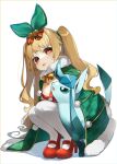  blonde_hair bow coat commission copyright_request covering earrings gen_4_pokemon glaceon highres jenkins_(azur_lane) jenkins_(light_of_the_holiest_star)_(azur_lane) jewelry long_hair red_eyes red_footwear reirou_(chokoonnpu) ribbon skeb_commission smile star_(symbol) star_earrings wavy_hair winter_clothes winter_coat 