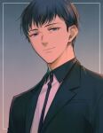  1boy araratake black_hair black_suit formal grey_background highres looking_at_viewer male_focus pet_(ranjou_miyake) smile solo suit tsukasa_(pet) 
