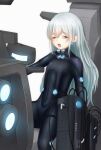  1girl absurdres alternate_costume black_bodysuit blush bodysuit breasts covered_navel eyebrows_visible_through_hair g11_(girls_frontline) gantz gantz_suit girls_frontline guchagucha highres latex_bodysuit long_hair looking_at_viewer neon_lights one_eye_closed open_mouth silver_hair sitting skin_tight solo white_background yawning yellow_eyes 