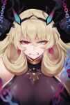  1girl bangs bare_shoulders black_dress blonde_hair blue_eyes breasts chain clenched_teeth commentary_request dress earrings fairy_knight_gawain_(fate) fate/grand_order fate_(series) heterochromia highres horns jewelry kubomi_943 large_breasts long_hair looking_at_viewer red_eyes sideboob teeth 