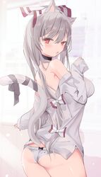  1girl absurdres animal_ears ass bangs black_choker blush bow breasts cat_ears cat_tail chestnut_mouth choker commentary contrapposto cowboy_shot eyebrows_visible_through_hair from_behind fujiwara_no_mokou grey_background grey_hair grey_ribbon grey_shirt hair_between_eyes hair_bow hair_ribbon hand_up highres hiiro60 kemonomimi_mode large_breasts long_hair long_sleeves looking_at_viewer off_shoulder open_mouth panties raised_eyebrows red_eyes ribbon shirt simple_background sleeves_past_wrists solo tail tail_ornament tail_ribbon touhou tress_ribbon underwear very_long_hair white_bow 