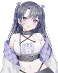  1girl :o bandaid bandaid_on_cheek bare_shoulders belt center_frills collar crop_top frills grey_hair hair_ornament hairclip highleg highres jacket long_hair looking_at_viewer midriff navel off_shoulder open_clothes open_jacket open_mouth original shiori_(shiori_2_14) shirt single_strap sleeveless sleeveless_shirt solo two_side_up upper_body violet_eyes white_shirt 