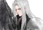  1boy armor black_jacket black_wings blush closed_mouth collared_jacket commentary dokomon english_commentary feathered_wings final_fantasy final_fantasy_vii green_eyes grey_hair hair_intakes hair_over_one_eye highres jacket light_blush long_hair looking_at_viewer male_focus sephiroth shiny shiny_hair shoulder_armor sidelocks simple_background single_wing sketch solo upper_body white_background wings 