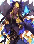  1girl absurdres bangs blonde_hair blue_fire breasts dark-skinned_female dark_skin dragon_girl dragon_horns dragon_tail fate/grand_order fate_(series) fire haru_torimaru highres horns large_breasts long_hair looking_at_viewer mouth_veil solo swept_bangs tail veil vritra_(fate) white_background yellow_eyes 