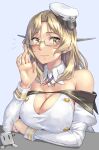  1girl bespectacled blonde_hair breasts brown_eyes cleavage_cutout clothing_cutout creature detached_sleeves duplicate glasses highres houston_(kancolle) kantai_collection kokuzou large_breasts long_hair looking_at_viewer military military_uniform naval_uniform neck_ribbon pixel-perfect_duplicate ribbon uniform upper_body 