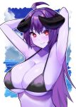  1girl ahoge armpits arms_up arunira bangs bikini bikini_top black_bikini black_horns blue_skin border breasts brll closed_mouth colored_skin commentary_request demon_girl demon_horns eyebrows_visible_through_hair highres horns large_breasts light_blush long_hair looking_at_viewer original purple_hair red_eyes smile solo swimsuit upper_body wavy_mouth white_border 