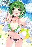  1girl absurdres ball bangs beachball bikini blush breasts collarbone cu-no day earrings green_eyes green_hair highres hisen_kaede holding jewelry medium_breasts necklace ocean open_mouth scan short_hair smile solo swimsuit water 