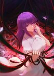  1girl black_ribbon blood blood_from_mouth bloody_clothes blurry breasts bug butterfly depth_of_field dress eyebrows_behind_hair fate/stay_night fate_(series) hair_between_eyes highres insect kyori large_breasts long_hair matou_sakura petals purple_hair ribbon solo violet_eyes white_dress 