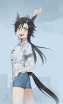  1girl air_shakur_(umamusume) animal_ears arm_up bare_arms black_hair blue_shorts building clouds cloudy_sky commentary_request cowboy_shot eyebrow_piercing from_side hand_on_hip horse_ears horse_girl horse_tail long_hair looking_at_viewer open_mouth outdoors piercing rain sharp_teeth shirt short_sleeves shorts sky smile solo tail tan_(inka) teeth umamusume wet wet_clothes white_shirt yellow_eyes 