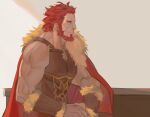  1boy armor beard bracer breastplate cape cleavage_cutout clothing_cutout facial_hair fate/grand_order fate_(series) from_side fur-trimmed_cape fur_trim halorane iskandar_(fate) leather looking_to_the_side male_cleavage male_focus mature_male muscular muscular_male pectorals red_eyes redhead short_hair smile solo stomach upper_body 