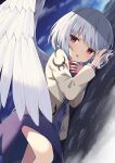  1girl :o \||/ angel_wings bangs beige_jacket bow bowtie brooch clouds commentary_request dress dutch_angle eyebrows_visible_through_hair feathered_wings feet_out_of_frame highres jacket jewelry kishin_sagume kochi_michikaze long_sleeves looking_to_the_side on_ground open_clothes open_jacket parted_lips purple_dress red_bow red_eyes red_neckwear short_hair silver_hair single_wing sky solo swept_bangs touhou wings 