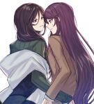  2girls aoki_shizumi black_hair brown_shirt commentary_request eye_contact face-to-face green_sweater gundou_mirei hair_between_eyes long_hair long_sleeves looking_at_another multiple_girls nijisanji orange_eyes parted_lips purple_hair ribbed_sweater shirayuki_tomoe shirt sweat sweater very_long_hair virtual_youtuber white_background yuri 