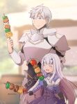  1boy 1girl armor black_gloves blue_dress blue_eyes closed_eyes dress eyebrows_visible_through_hair fairy_knight_lancelot_(fate) fate/grand_order fate_(series) food gloves happy height_difference long_hair meat minafuni open_mouth percival_(fate) skewer smile twitter_username white_hair 